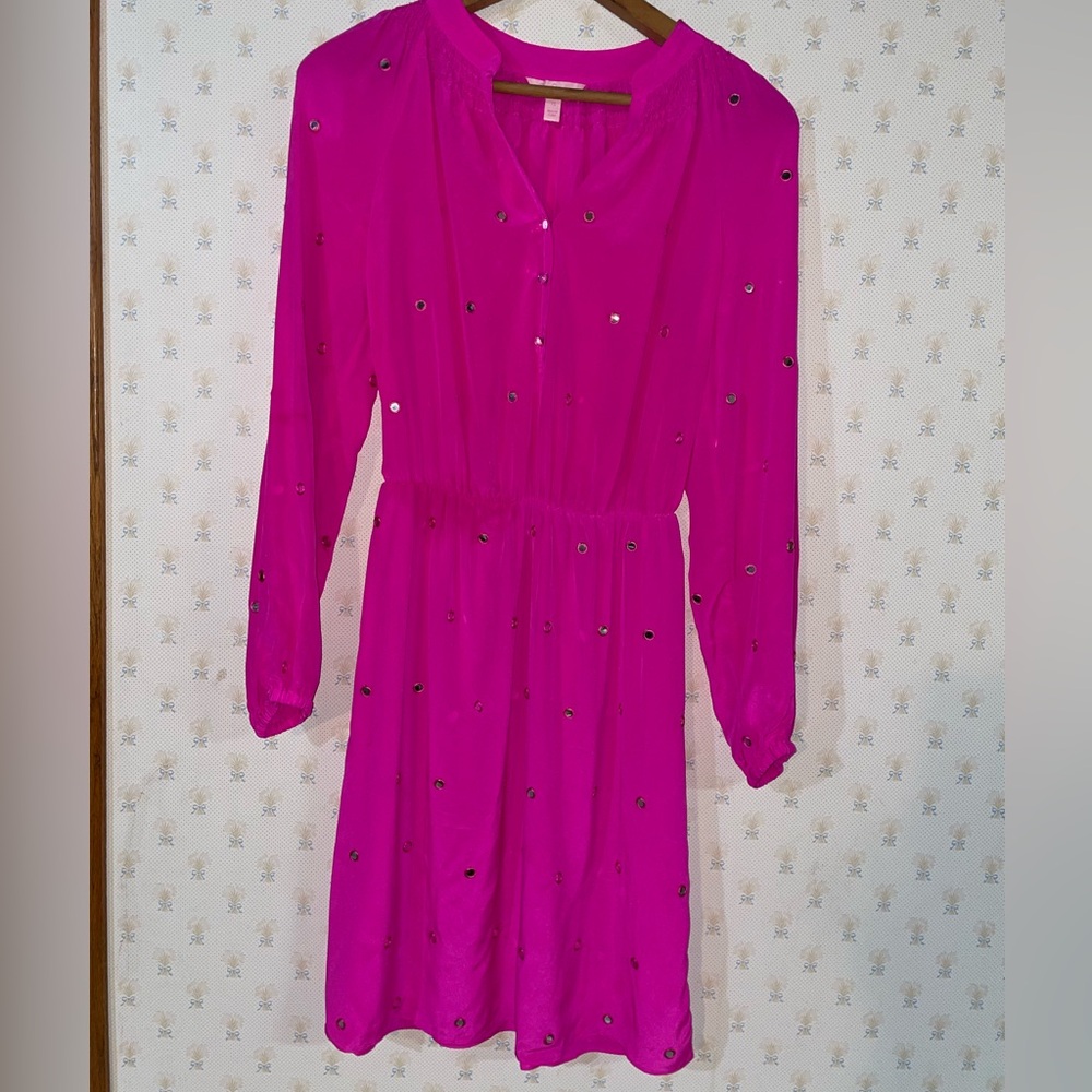 Lilly Pulitzer Fuscia Pink Sequin Accent‎ Button Waist Cinch Dress